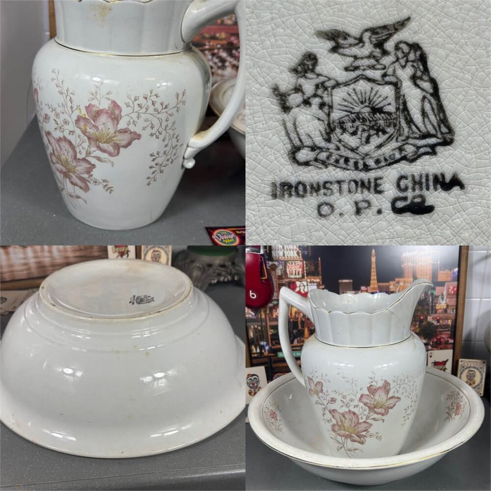 Late 1800s Vintage O.P. Co Ironstone Wash Basin & Pitcher Set Floral Gold